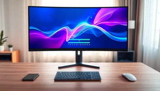 Estación de trabajo minimalista con monitor curvo ultrapanorámico que muestra una barra de progreso sobre un fondo abstracto azul y morado, acompañado de teclado compacto, ratón inalámbrico y smartphone sobre un escritorio de madera, imagen adecuada para ilustrar guÃas prácticas Como actualizar plugins y temas de WordPress manualmente